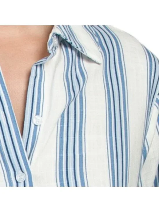 TAMARA H NAVY Linen Blend Striped Long Sleeve Shirt - Picture 3 of 4